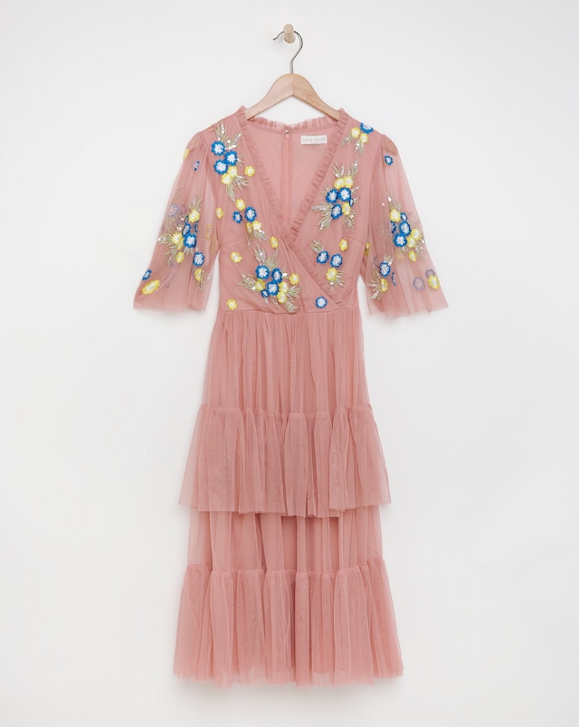 Maya Curve Wrap Front Floral Embroidered Tiered Tulle Midi Dress