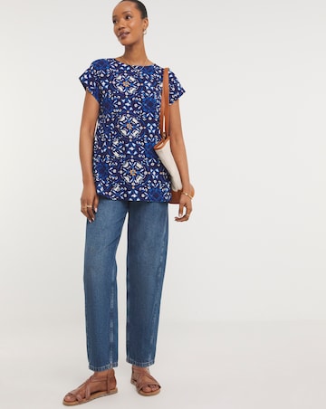 Womens Short Sleeve Smock Top - Blue Print