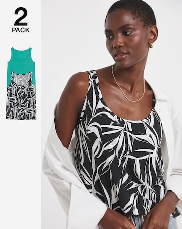 Pure Cotton Print/Green 2 Pack Sleeveless Swing Vests