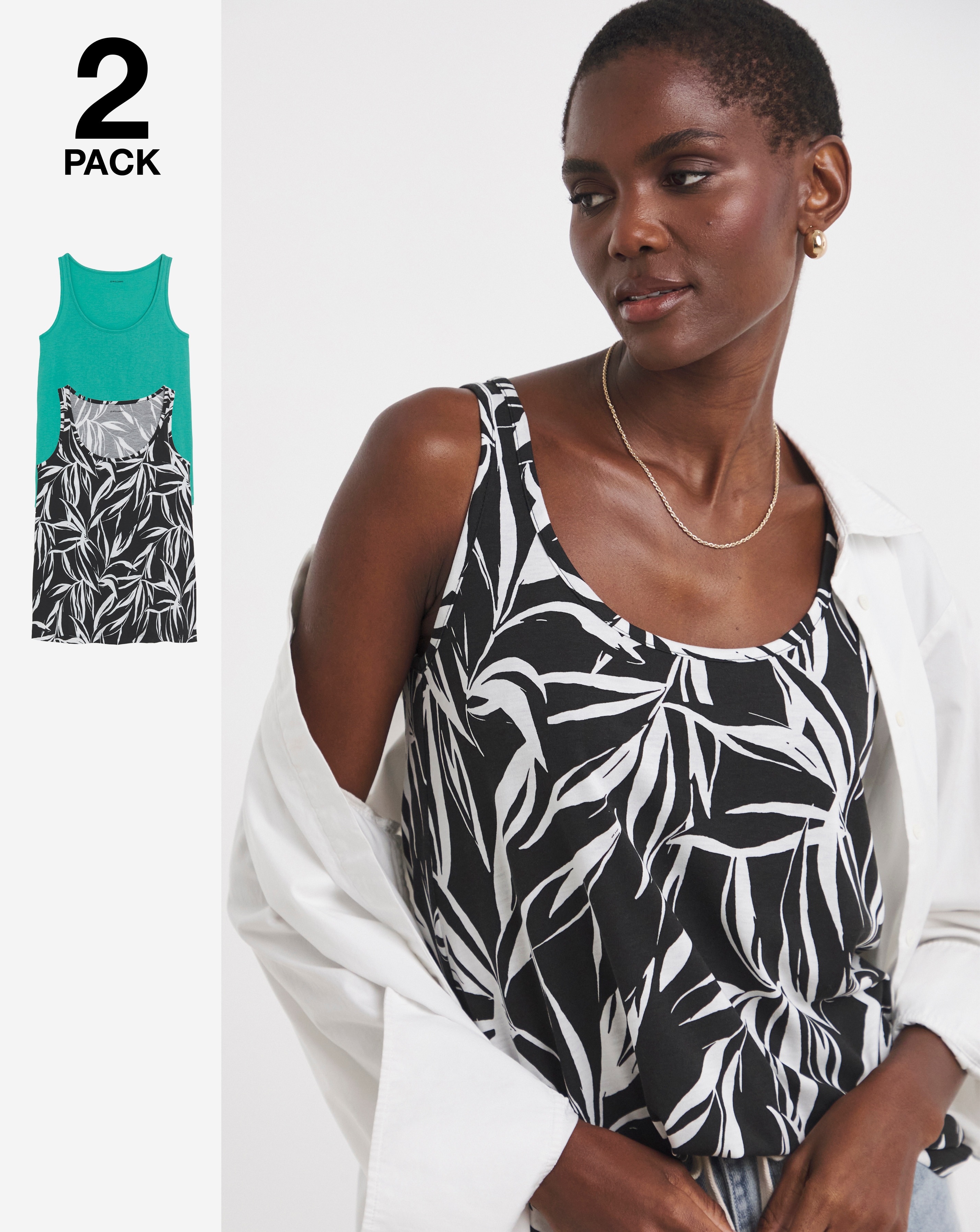 Pure Cotton Print/Green 2 Pack Sleeveless Swing Vests