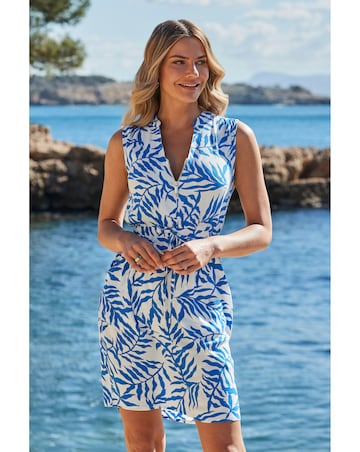 Sosandar White & Blue Palm Print Zip Front Stretch Waist Dress