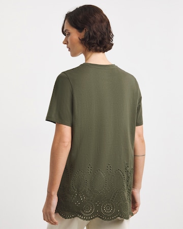 Pure Cotton Khaki Short Sleeve Broderie Hem Top