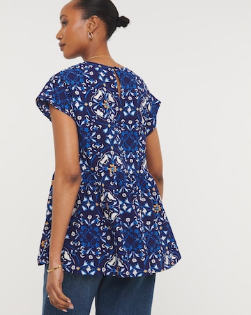 Womens Short Sleeve Smock Top - Blue Print