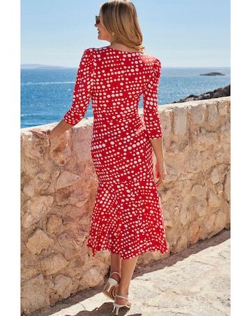 Sosandar Red Spot Print Twost Front Ruched Sleeve Fit and Flare Dress