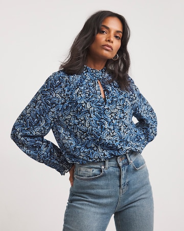 Blue Print Sheer Shirred Yoke Blouse With Shirred Cuffs