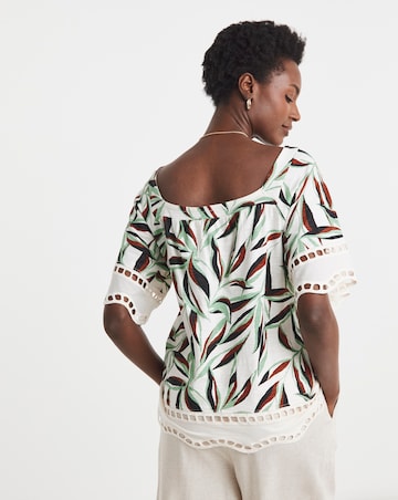 Pure Cotton Square Neck Broderie Sleeve and Hem Top