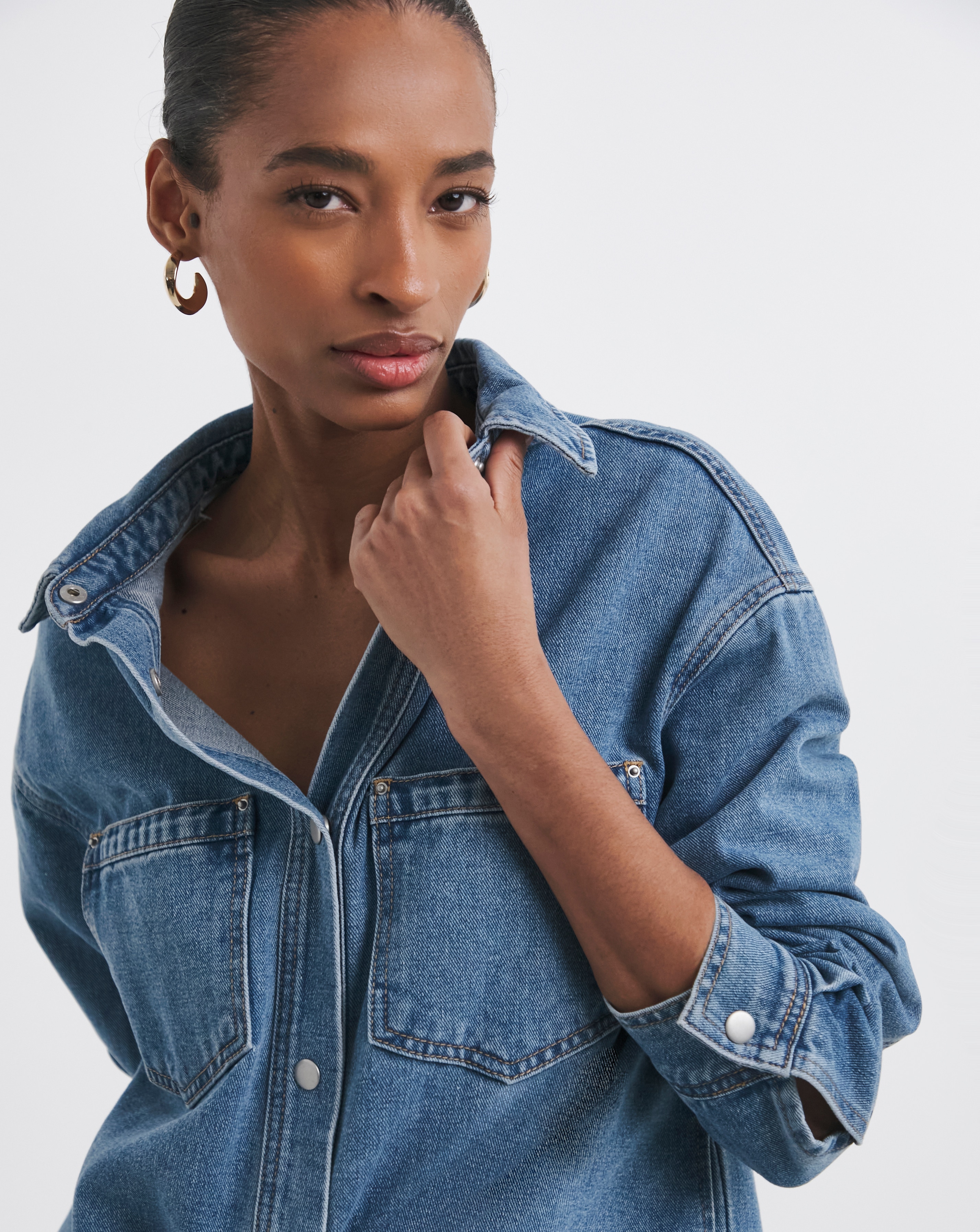 Pure Cotton Mid Blue Denim Shacket | JD Williams