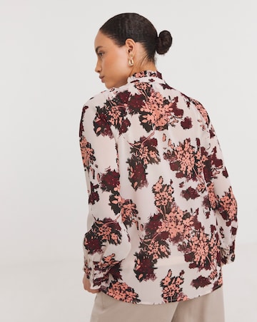 Floral Print Sheer Shirred Yoke Top With Shirred Cuffs