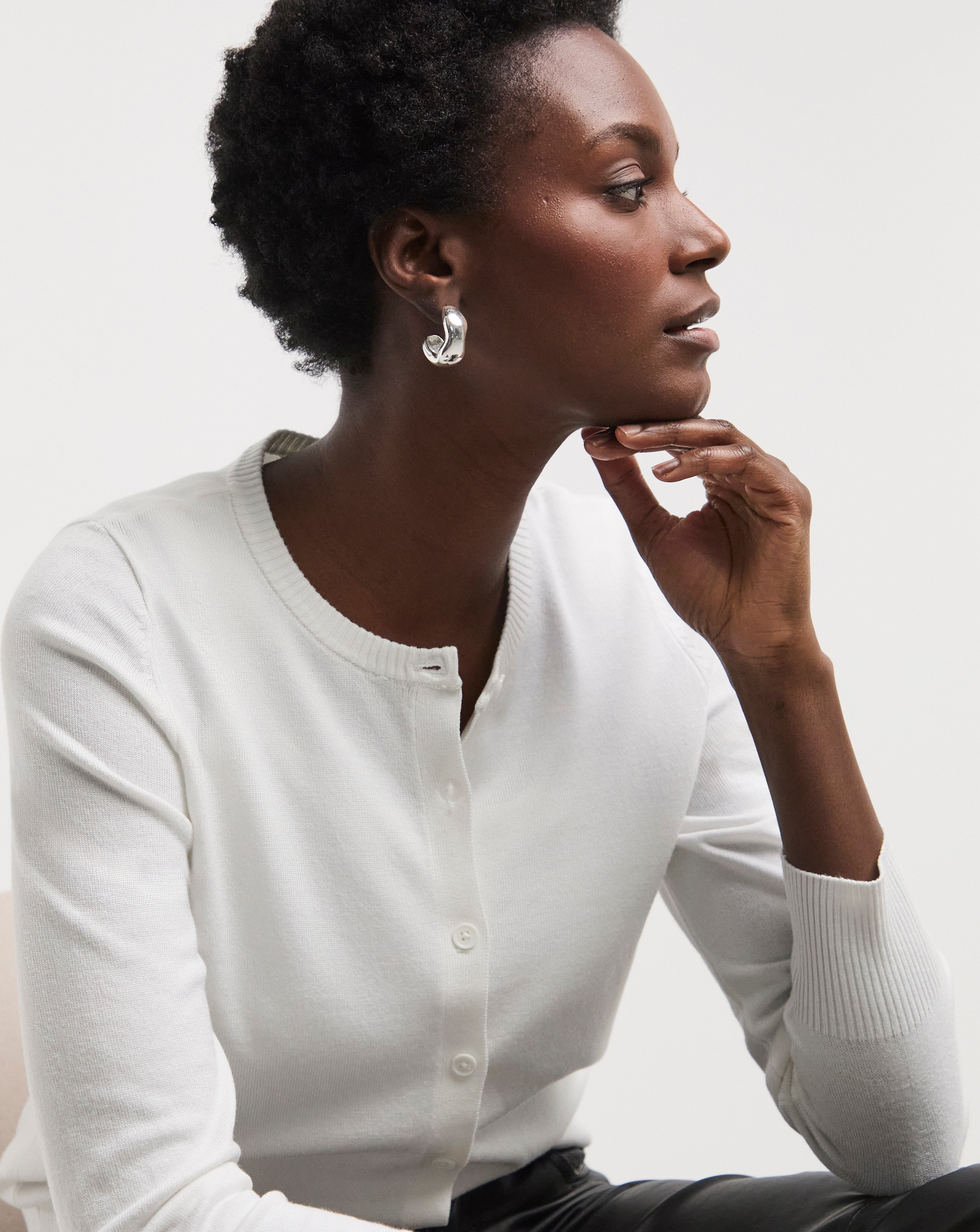 Fine Knit Ivory Crew Neck Cardigan