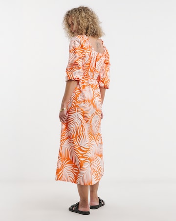 Linen Mix Sun Dress With Puff Sleeves