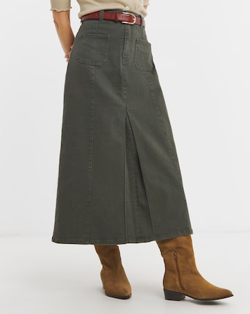 Khaki Pocket Front Denim Midi Skirt