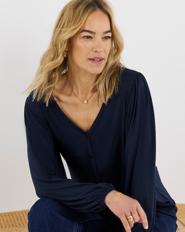 Navy Button Front Long Sleeve Top