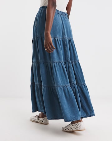 Blue Soft Maxi Tiered Denim Skirt with Tencel TM Lyocell