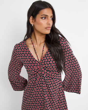 Geo Print Ruched Tie Neck A-Line Dress