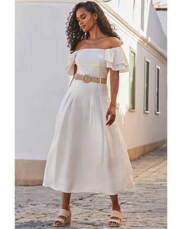 Sosandar Linen Blend Ruffle Sleeve Bardot Top