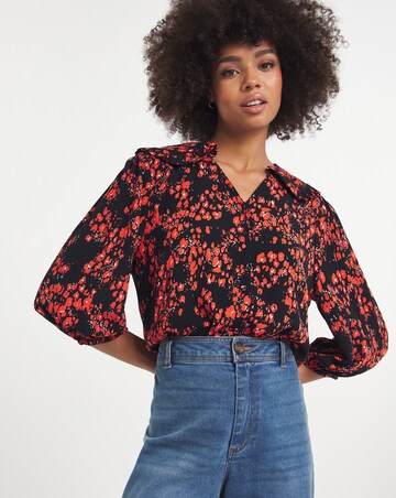Red Animal Print V Neck Statement Collar Shirt