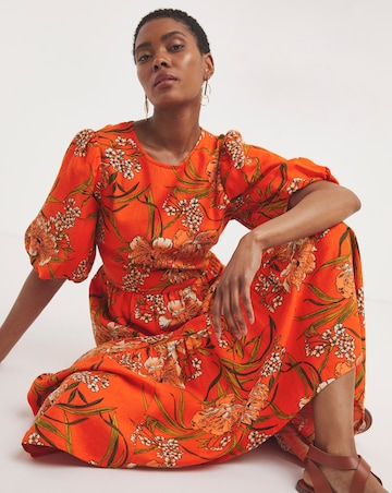 Linen Mix Smock Dress With Puff Sleeves and Open Back