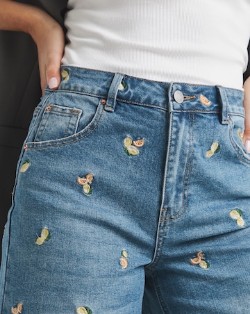 Simply Be Mid Blue Fruit Embroidered Denim Bermuda Short