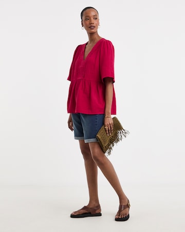 Trim Detail Pure Cotton Textured Short Sleeve Smock Top