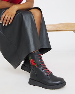 Heavenly Feet Floral Martina Lace Up Chunky Boot Ex Wide Fit