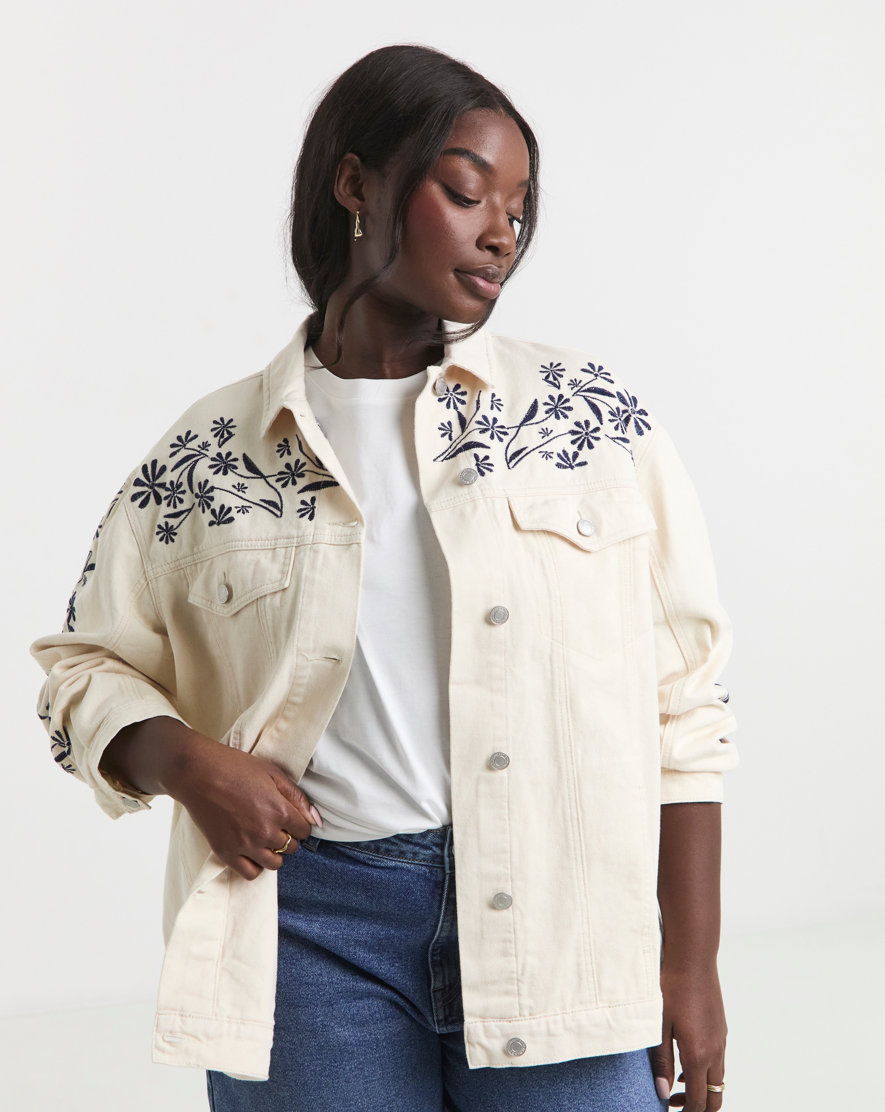 Simply Be Ecru Floral Embroidered Denim Boyfriend Jacket | JD Williams
