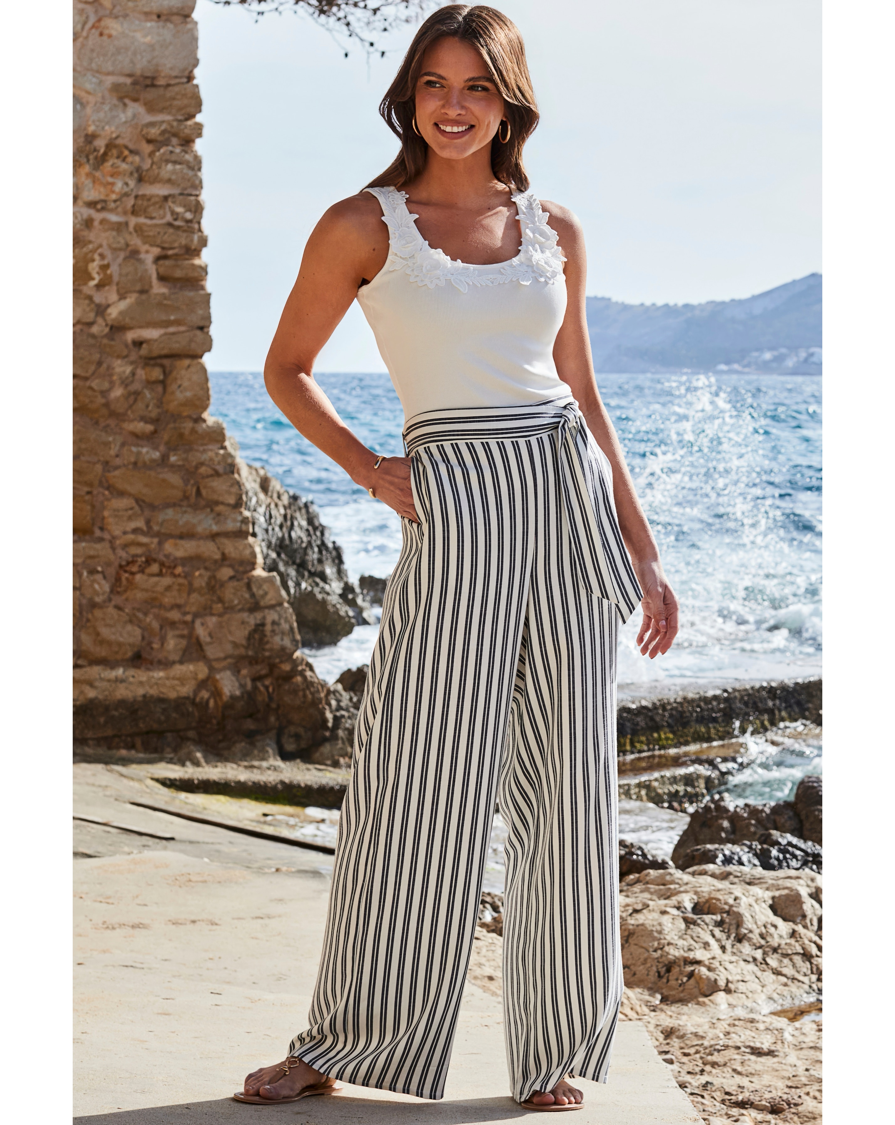 Sosandar Black and White Stripe Wide Leg Trousers | JD Williams