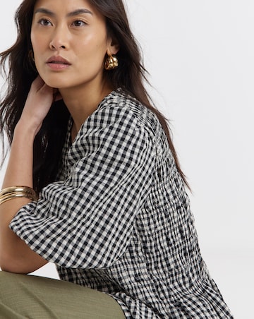 Shirred Gingham V Neck Peplum Blousey