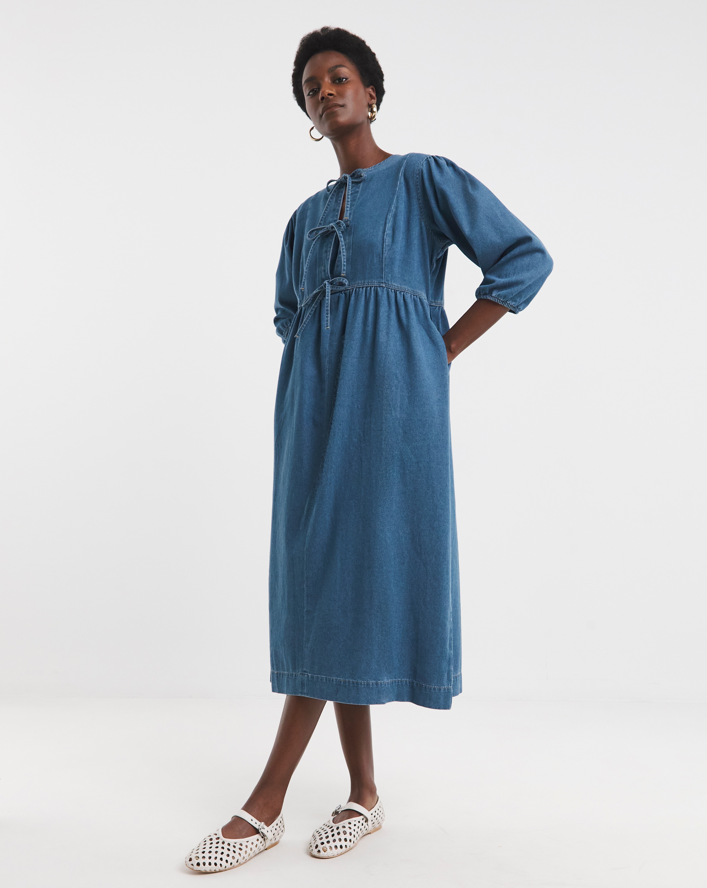 Blue Peplum Puff Sleeve Denim Dress | JD Williams