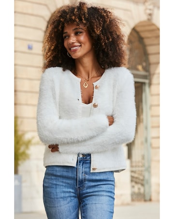 Sosandar Crew Neck Fluffy Cardigan