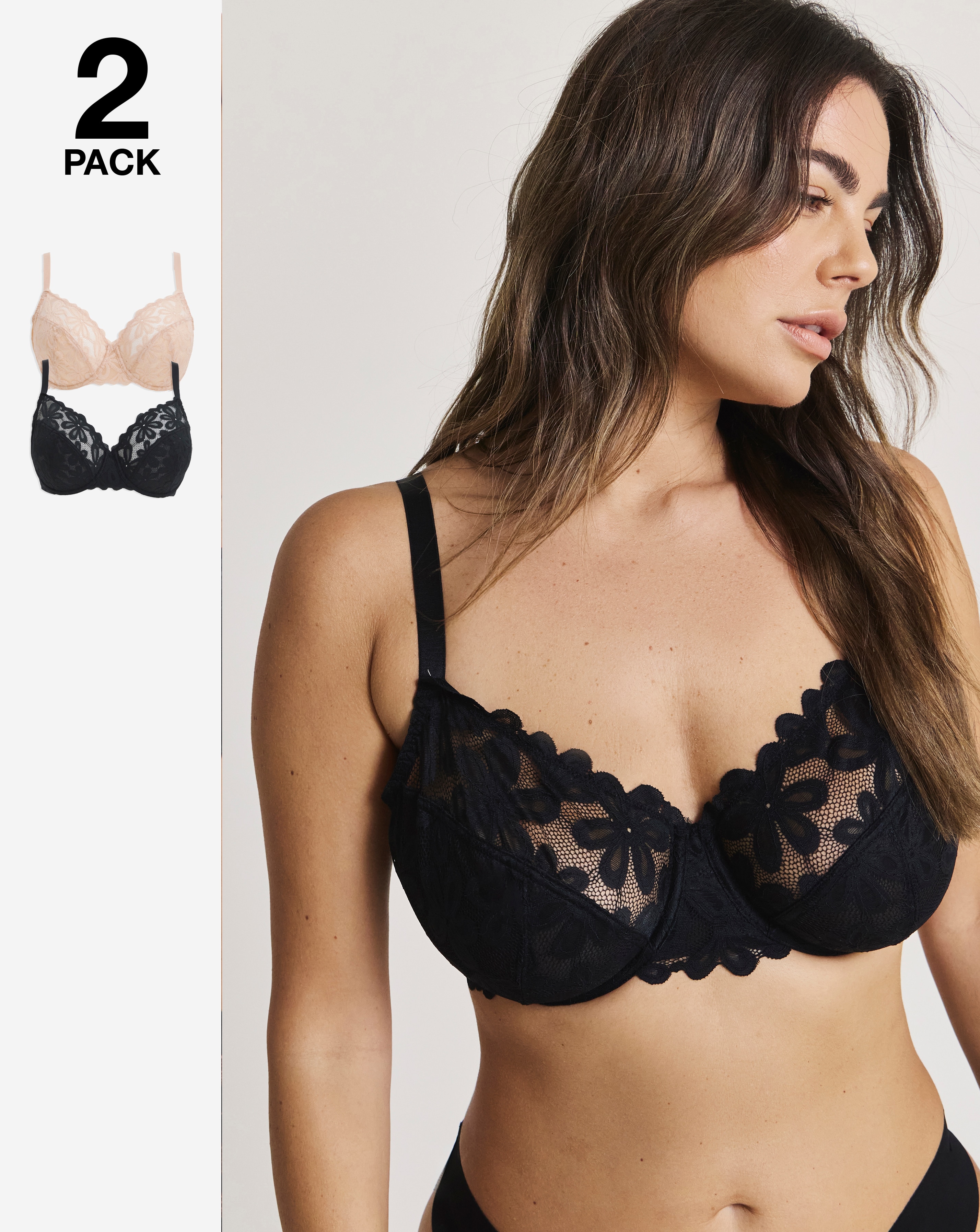 Pretty Secrets (2 Pack) Daisy Lace Full Cup Bras (B-G) Black/Almond