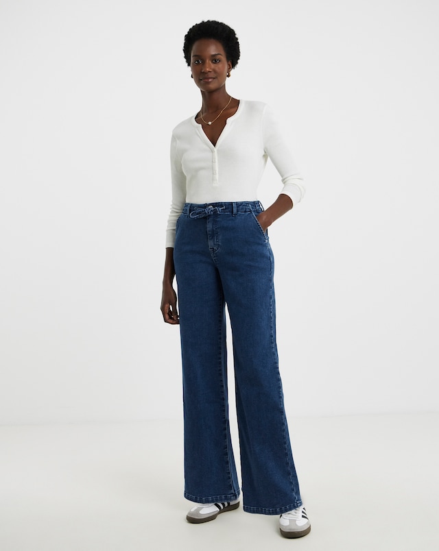 Blue Fleece Lined Cosy Warm Feel Wide Leg Jeans
