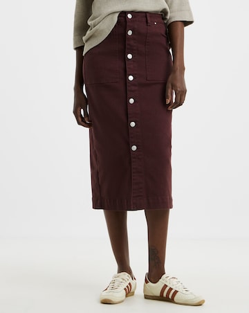 Burgundy Button Through Denim Midi Skirt