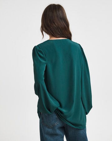 Green Ruched Front Balloon Sleeve Satin Top