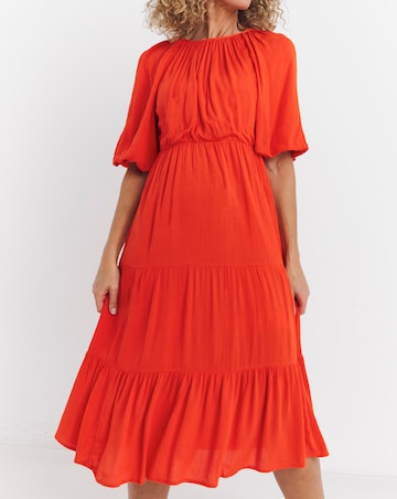 Crinkle Tiered Smock Dress With Puff Sleeves