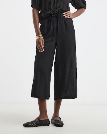 Black Linen Mix Cropped Wide Leg Culottes