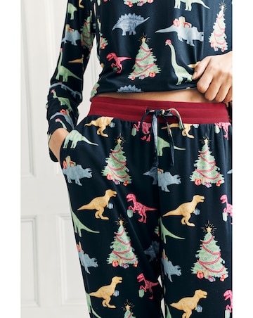 Chelsea Peers Jersey Crew Neck Christmas Dinosaur Print Pyjama Set