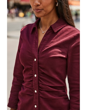 Sosandar 3/4 Sleeve Ruched Waist Popper Front Denim Dress