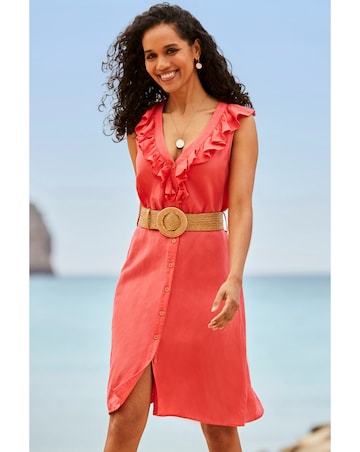 Sosandar Belted Ruffle Front Linen Dress