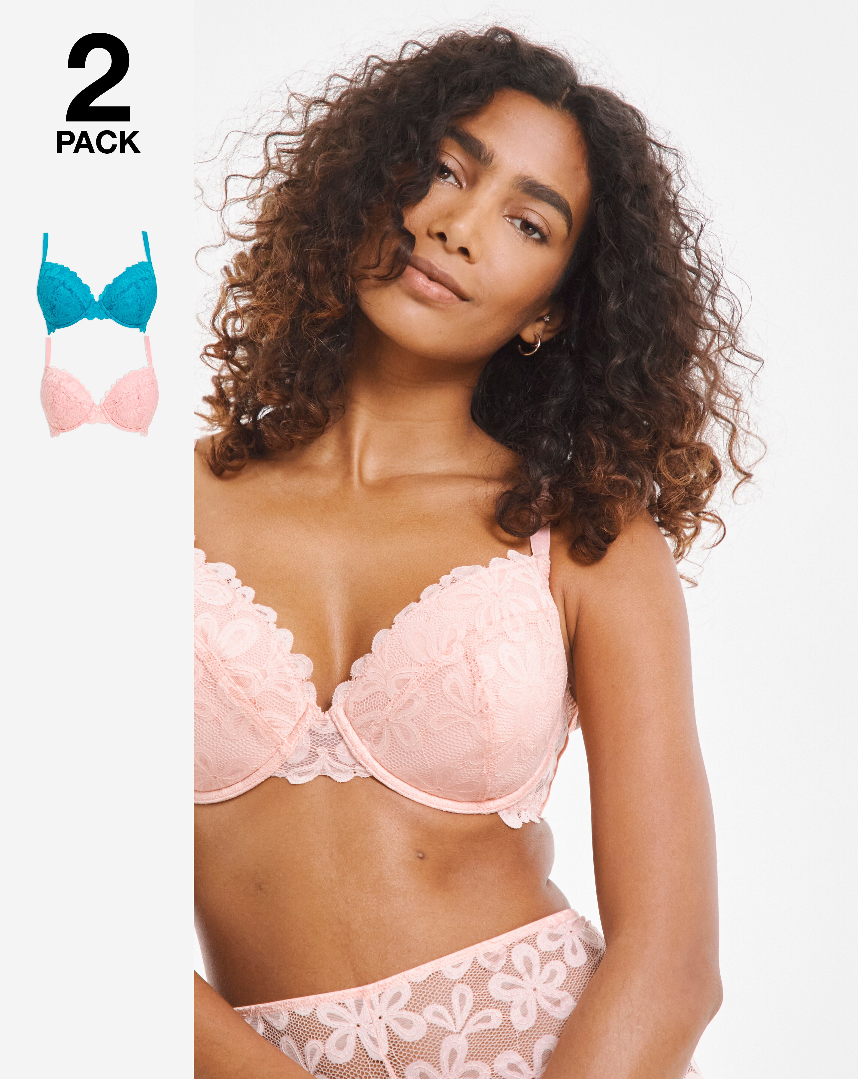 Pretty Secrets (2 Pack) Daisy Lace Plunge Bras (B-F) Blue/Pink