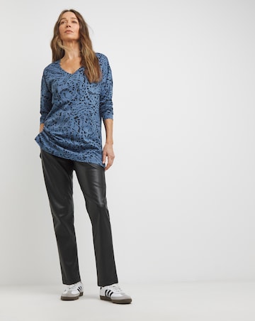 Pure Cotton Blue Print Long Sleeve Slouch V-Neck Longline Top