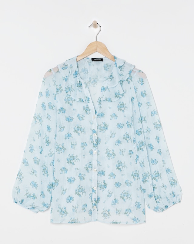 Womens Chiffon Frill Neck Long Sleeve Blouse - Blue Print