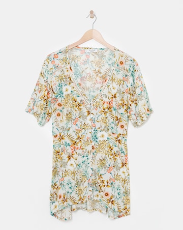 Multi Floral Short Sleeve Button Front Ladder Trim Crinkle Top
