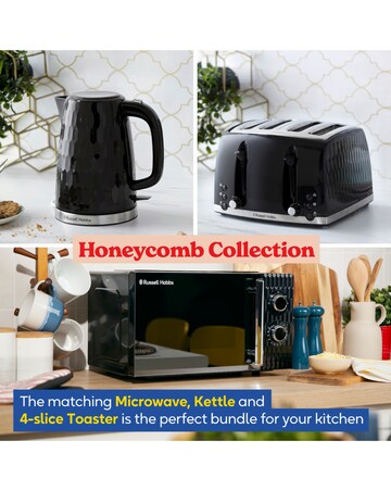 Russell Hobbs Black Honeycomb Bundle - Kettle, 4 Slice Toaster & Microwave