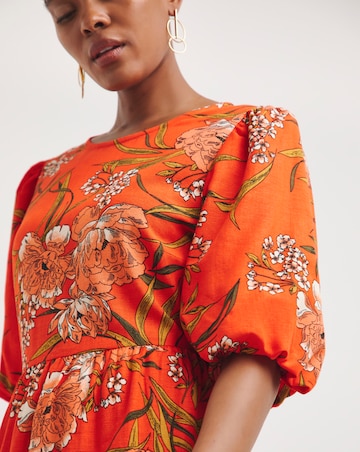 Linen Mix Smock Dress With Puff Sleeves and Open Back