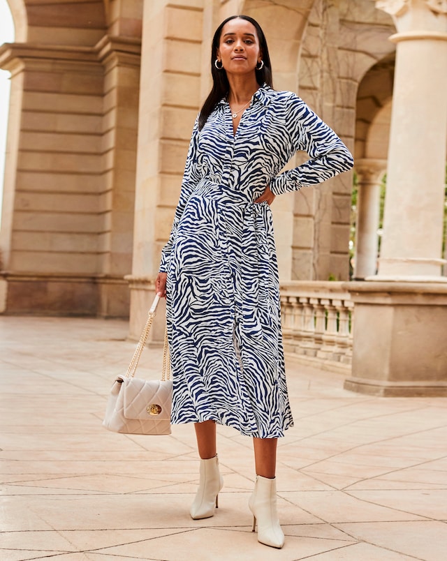 Sosandar Blue & White Zebra Print Midi Shirt Dress