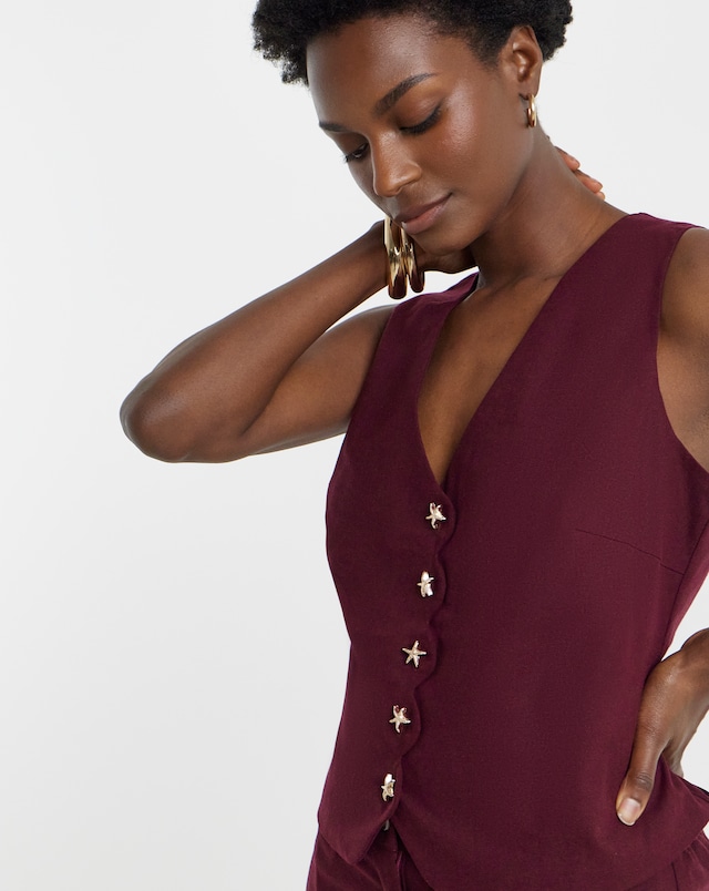 Blackcurrant Scallop Edge Linen Mix Waistcoat