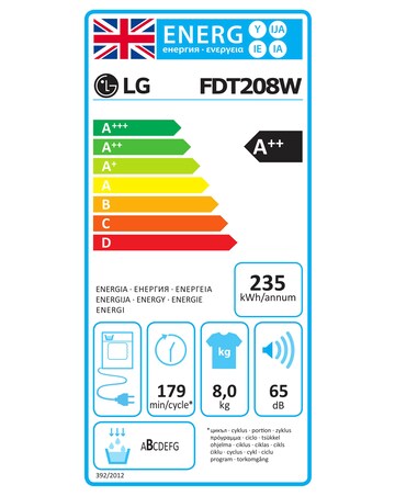 LG FDT208W 8kg Heat Pump Tumble Dryer Dark White - A++ Rated