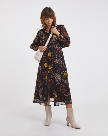 Puff Shirred Sleeve Midi Shirt Dress