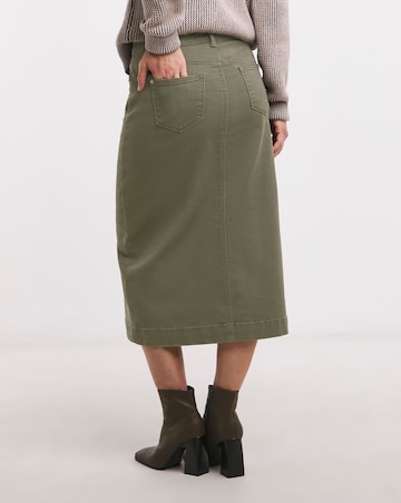 Khaki Midi Button Front Denim Skirt
