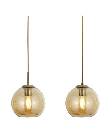 3 Light Antique Brass and Amber Glass Ball Ceiling Bar Pendant